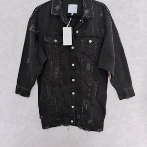 Zara Oversized Black Distressed Longline Denim Jacket Size Medium